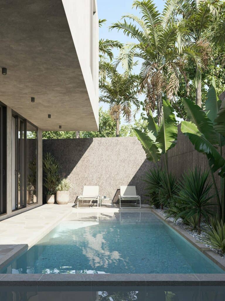 Modern poolside with palm trees and lounge chairs.