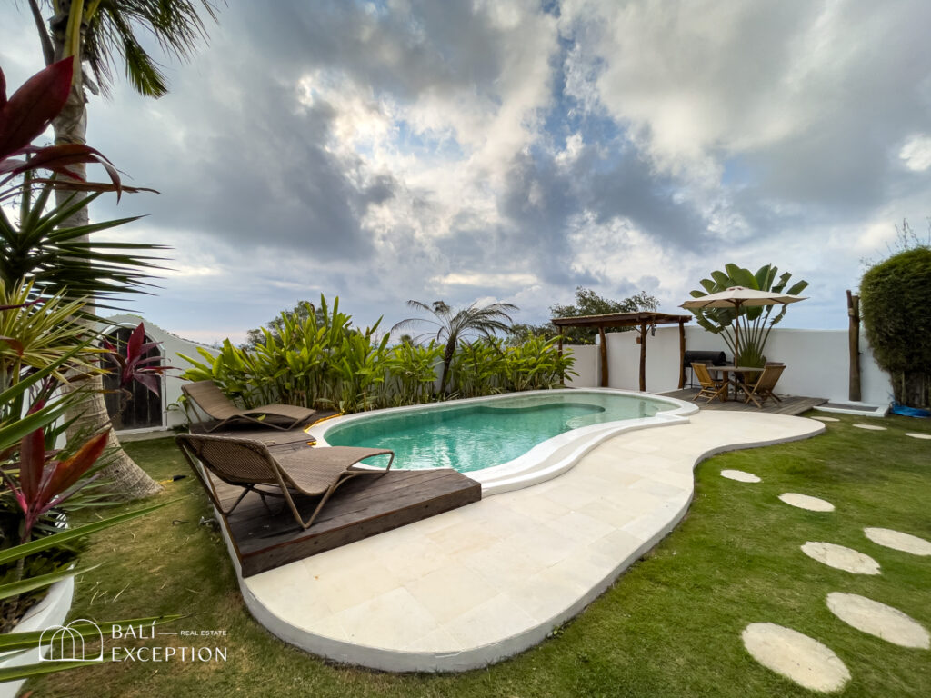 Tropical backyard with pool and lounge chairs.