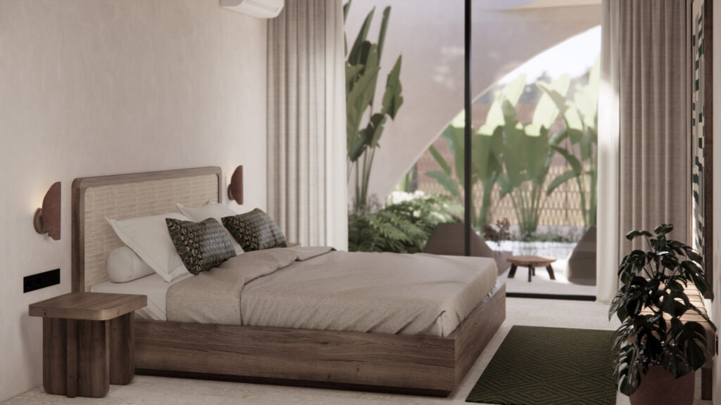 Modern bedroom with large window and plants.