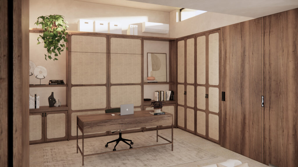 Modern kitchen with wood cabinets and stone wall.