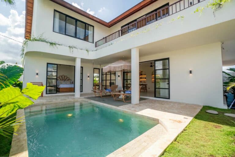 Modern two-story house with pool and patio