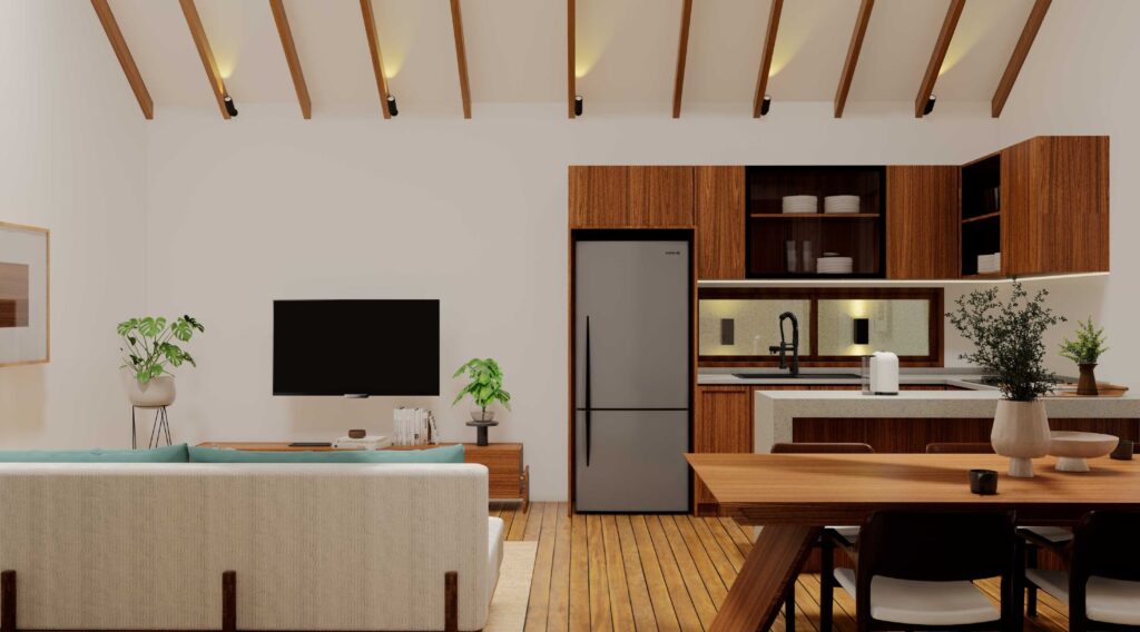 Modern open-plan kitchen and living room design.