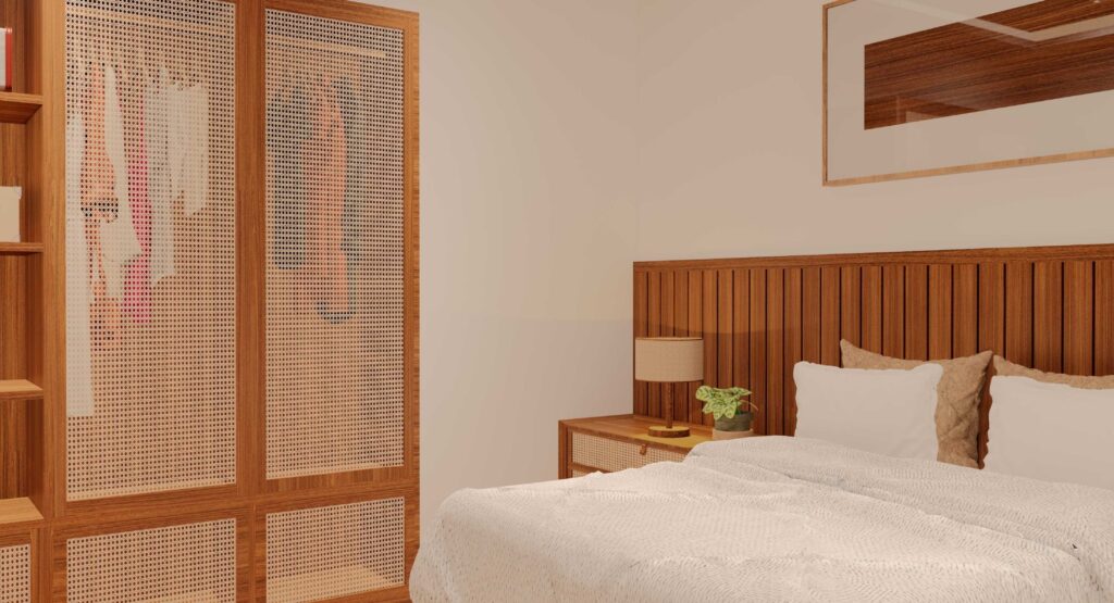 Minimalist bedroom with wooden closet and bed.