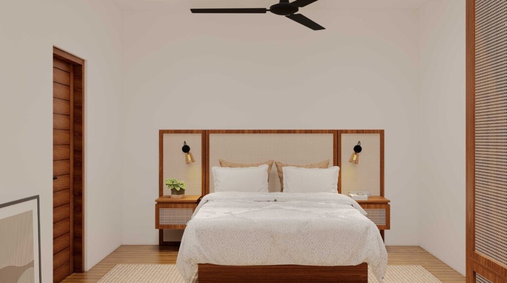 Modern bedroom with ceiling fan and wood accents