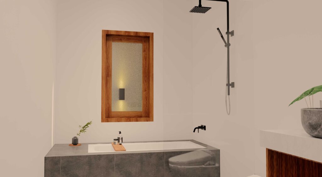 Modern bathroom with bathtub and shower.
