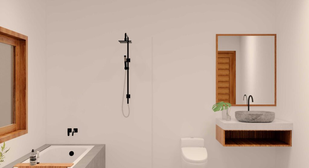 Modern minimalist bathroom with white fixtures.