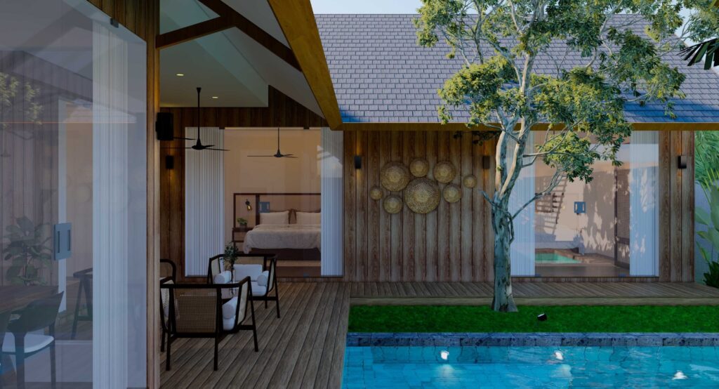 Modern house with pool and wooden deck.