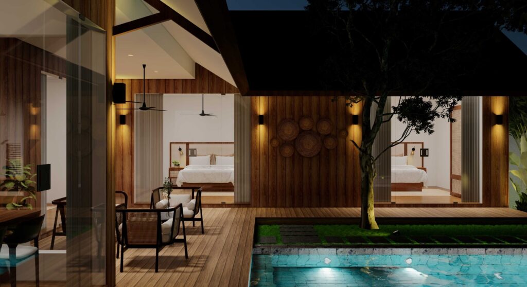 Modern wooden house with pool at night.
