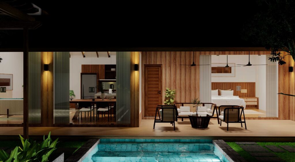 Modern house with outdoor pool at night.