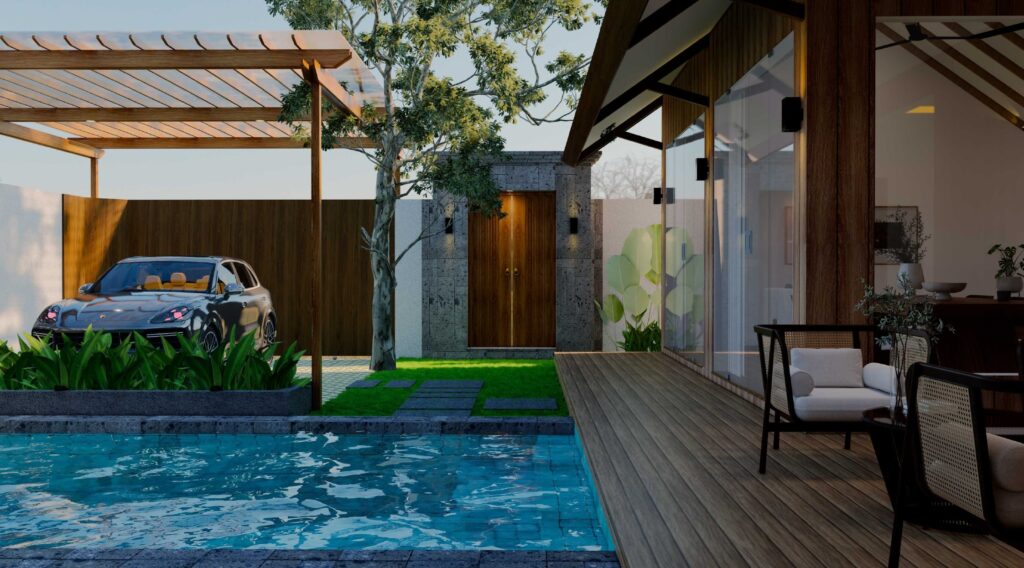 Modern patio with pool, carport, and seating area.