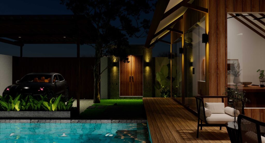 Modern house with pool and car at night
