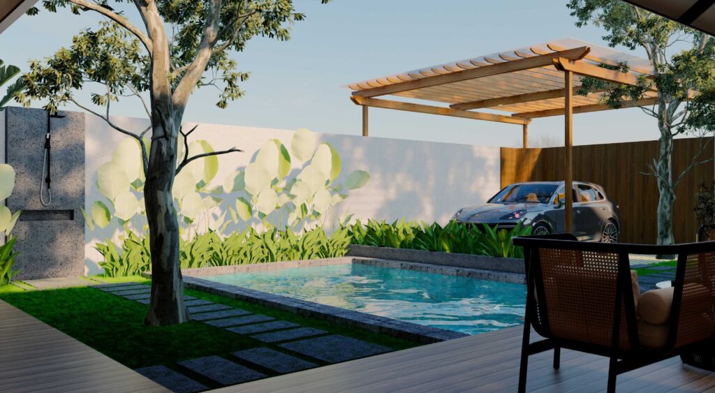 Outdoor pool with shower and carport.