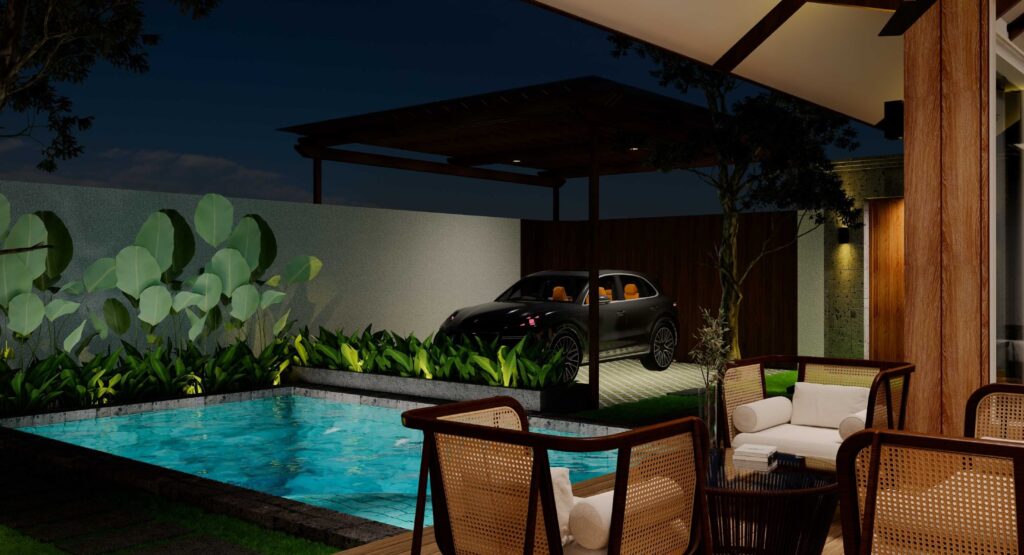 Outdoor seating area by pool and parked car