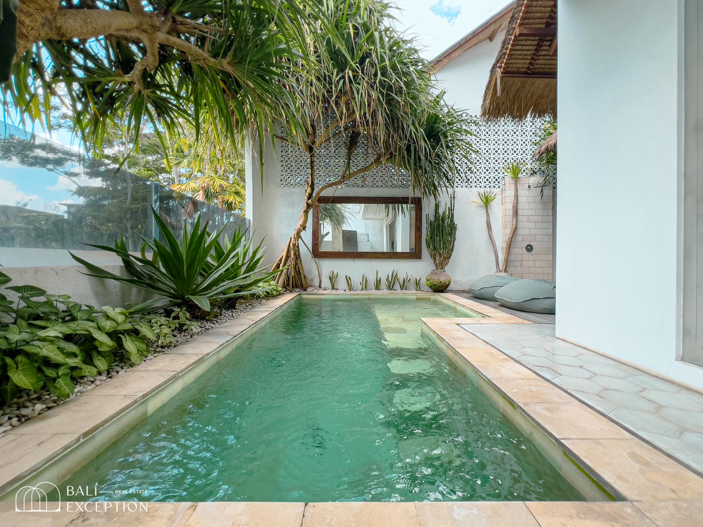 Serene villa pool with tropical plants