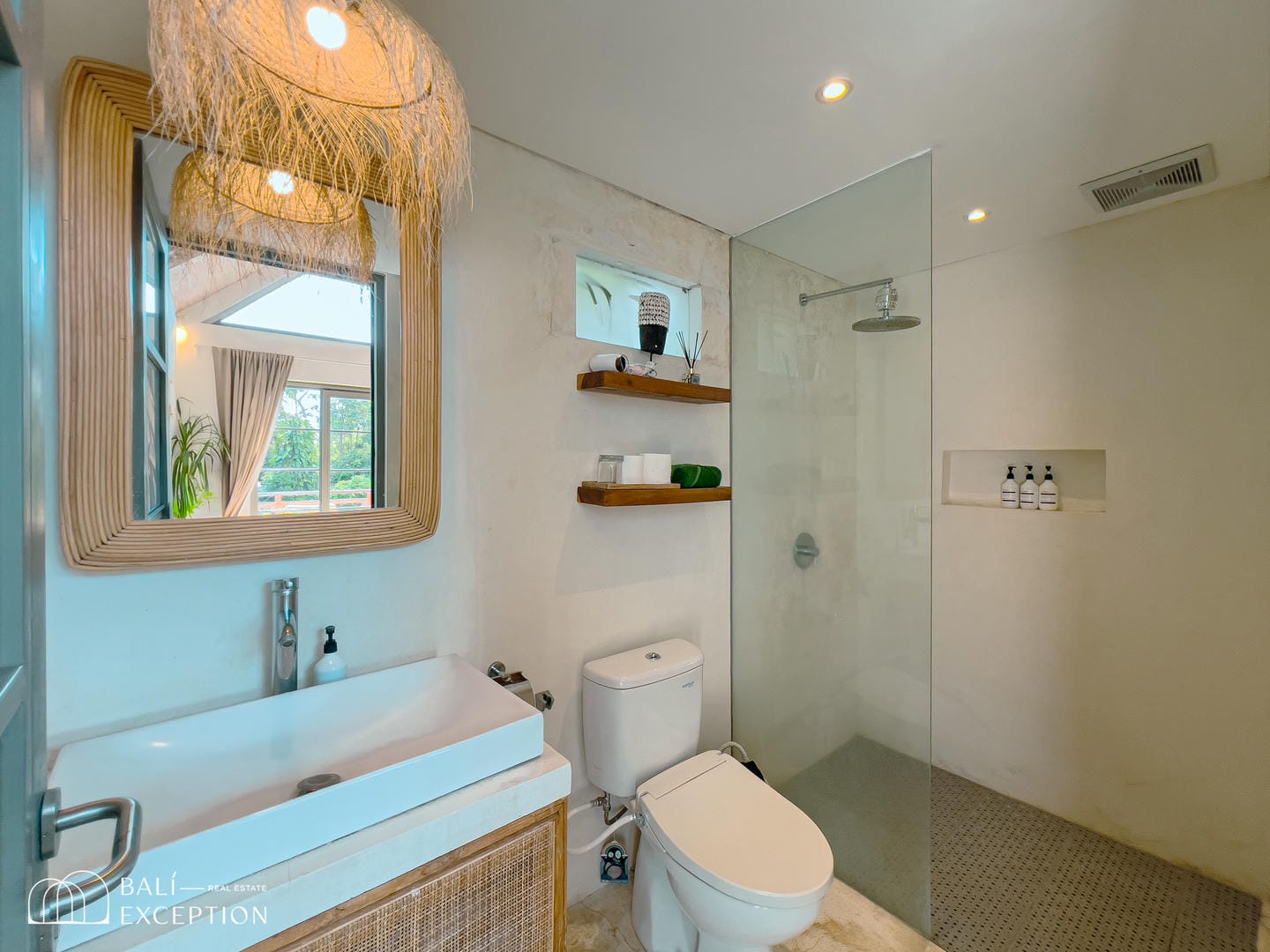 Modern bathroom with shower and mirror