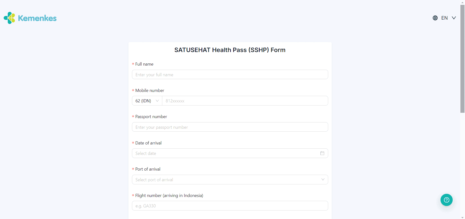 Kemenkes SATUSEHAT Health Pass form input fields.