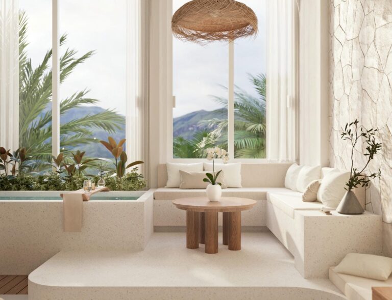 Bright living room with plants and outdoor view.