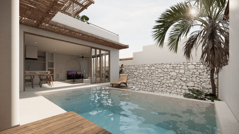 Modern villa with pool and patio view