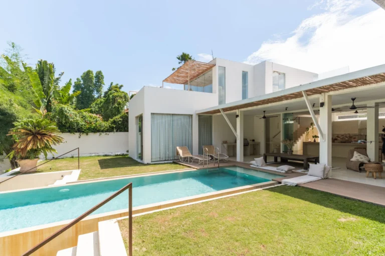 Modern house with pool and garden view.