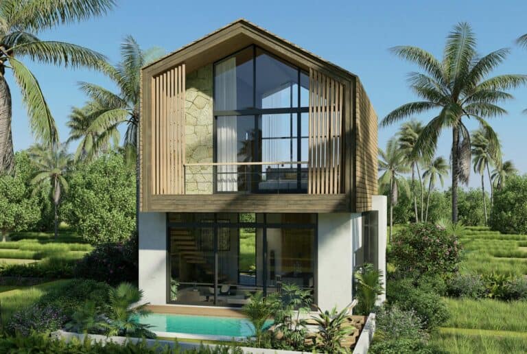 Modern tropical house with palm trees and garden