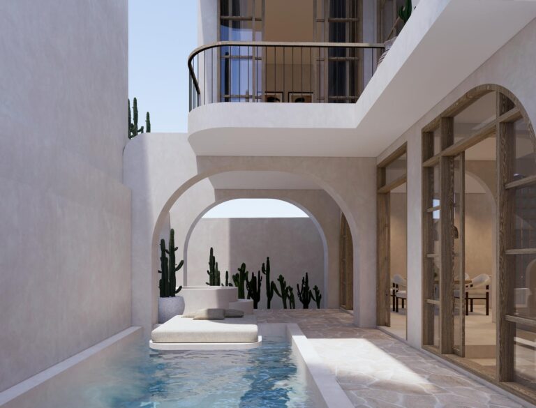 Modern courtyard with pool and cacti