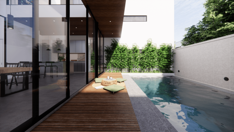 Modern patio with pool and seating area