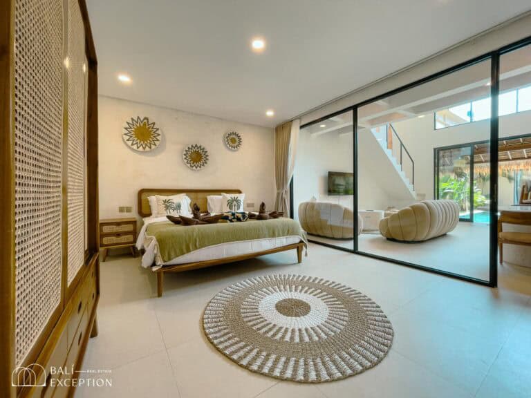 Modern bedroom with glass doors and pool view.