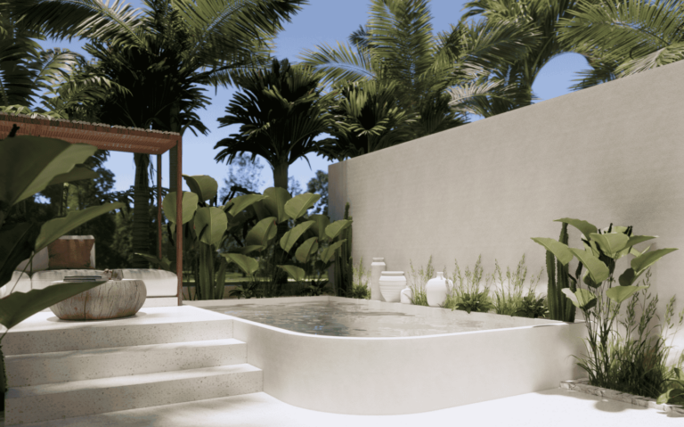 Outdoor minimalist pool with lush tropical plants.