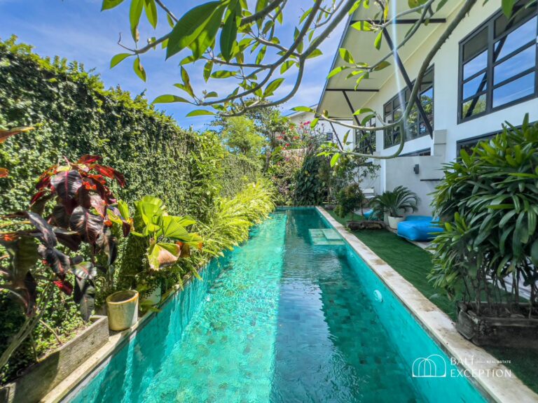 Tropical backyard pool with lush greenery and house.