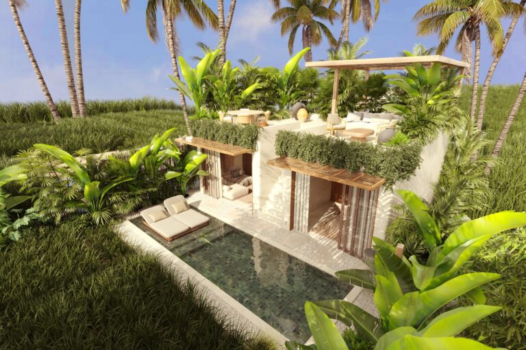 Luxurious tropical villa surrounded by palm trees.
