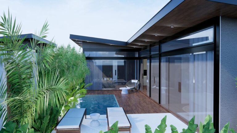 Modern house with pool and greenery