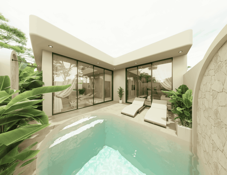 Modern villa with pool and lounge chairs.