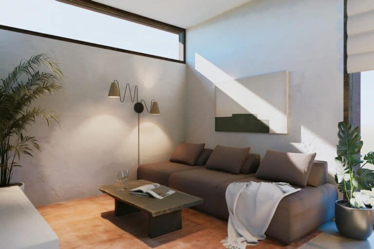 Modern living room with sunlight and plants