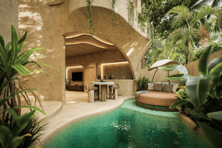 Luxurious outdoor living space with pool and seating.