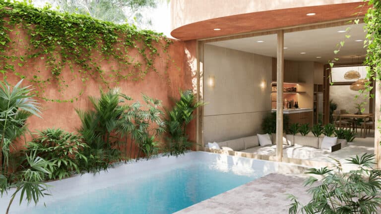 Luxury patio with pool and lush plants