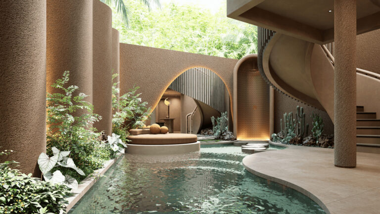 Modern indoor pool with greenery and staircase
