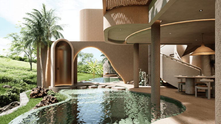 Modern luxury villa with pool and tropical plants.