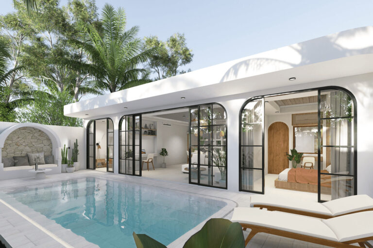 Modern villa with pool and glass doors.