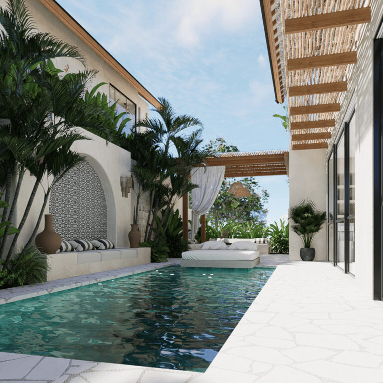 Luxurious villa courtyard with pool and lush plants.