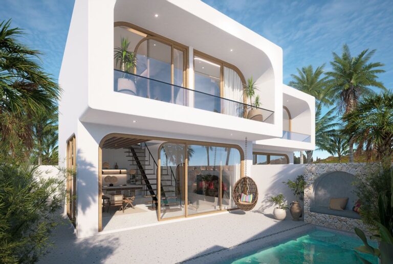 Modern tropical villa with pool and palm trees.