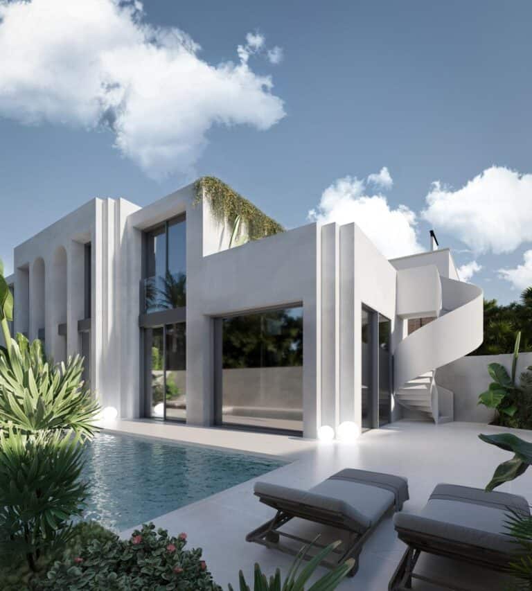 Modern villa with pool and spiral staircase