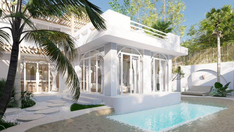 Modern house with pool and tropical palm trees.