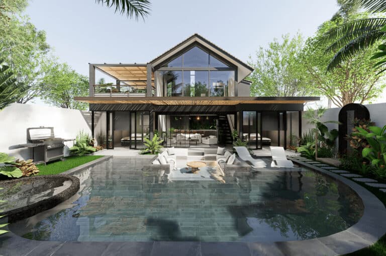 Modern house with pool and garden view