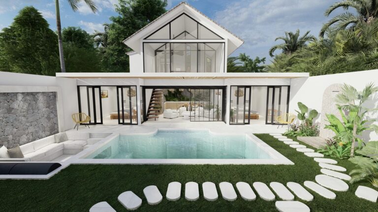 Modern house with pool and garden pathway