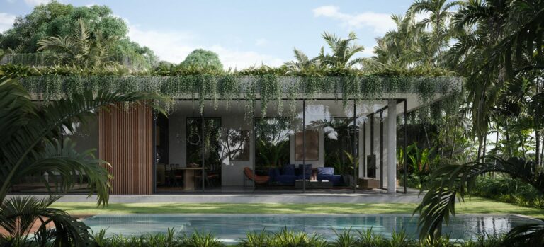 Modern house with green rooftop and poolside view