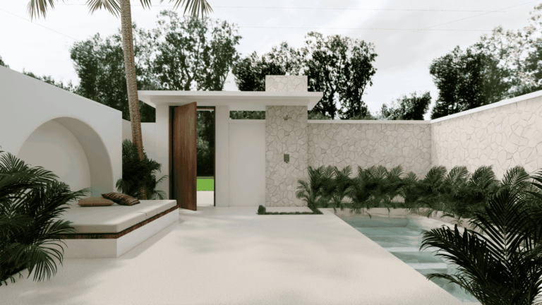 Modern outdoor patio with seating and pool.