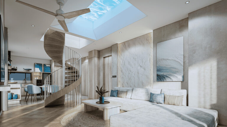 Modern living room with spiral staircase and skylight.