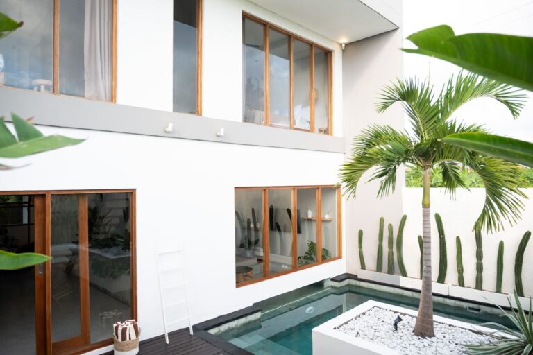 Modern patio with pool, palm tree, and large windows.