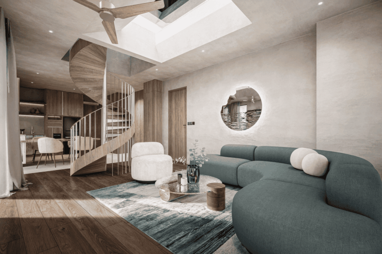 Modern living room with spiral staircase and skylight.
