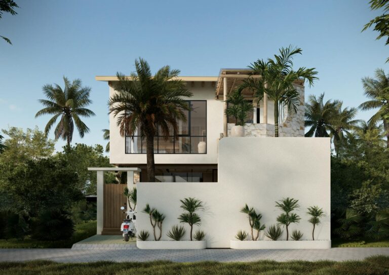 Modern tropical house with palm trees and scooter